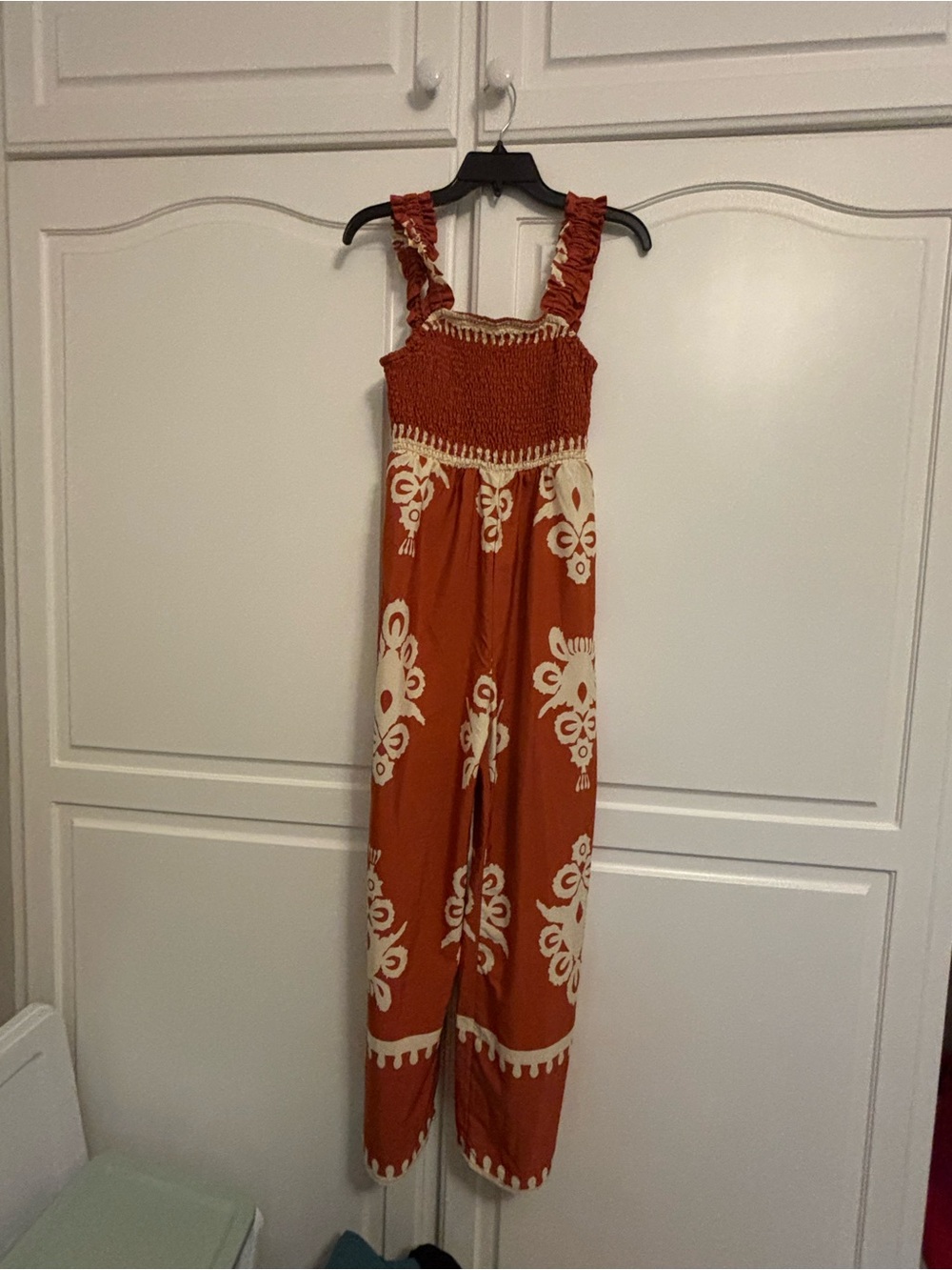 SHEIN Rust Orange and Cream Smocked One-Piece Jumpsuit